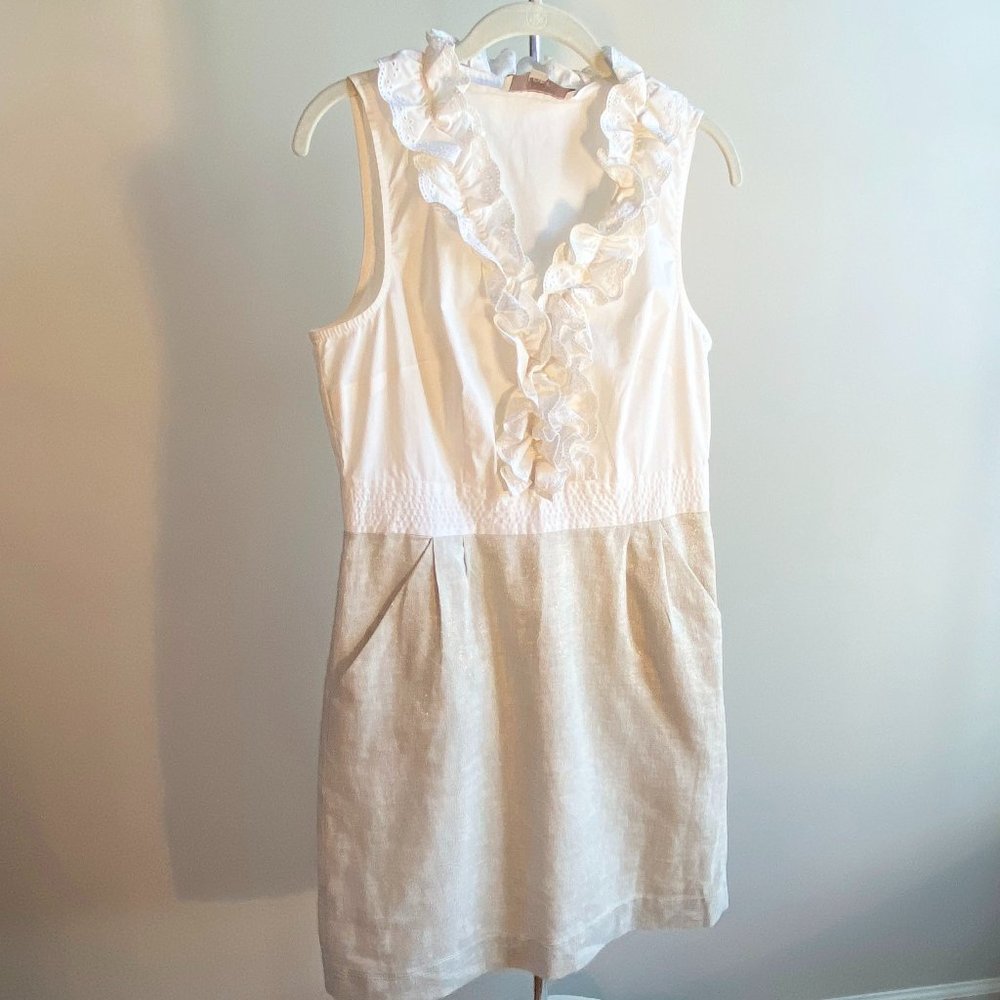 LOFT White and Metallic Ruffle Detail Dress, Perfect Condition